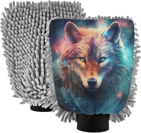 قفاز غسيل السيارة وتجفيفه من ALAZA Wolf Portrait Galaxy خالٍ من الخدوش، قطعتان من قفازات الغسيل والتجفيف المصنوعة من الألياف الدقيقة الماصة/الشانيل، مقاس L in Kuwait