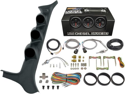 GlowShift Diesel Gauge Package Compatible with Ford F-Series F-250 F-350 7.3L Power Stroke 1992-1997 - Black 7 Color 60 PSI Boost, 2400F EGT & Transmission Temp Gauges - Black Triple Pillar Pod in Kuwait
