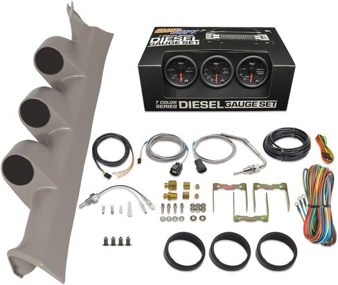حزمة قياس الديزل GlowShift متوافقة مع Ford Super Duty F-250 F-350 6.4L Power Stroke 2008-2010 - أسود 7 ألوان 60 رطل لكل بوصة مربعة، 2400F EGT ومقاييس درجة حرارة ناقل الحركة - جراب عمود ثلاثي رمادي in Kuwait