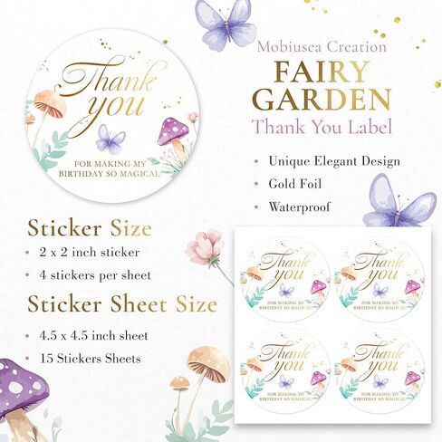 Mobiusea Fairy Thank You Stickers | 60pcs 2×2 inch Gold Foil Fairy Birthday Stickers, Waterproof & Tear-Resistant Labels for Party Favors and Gift Bags in Kuwait