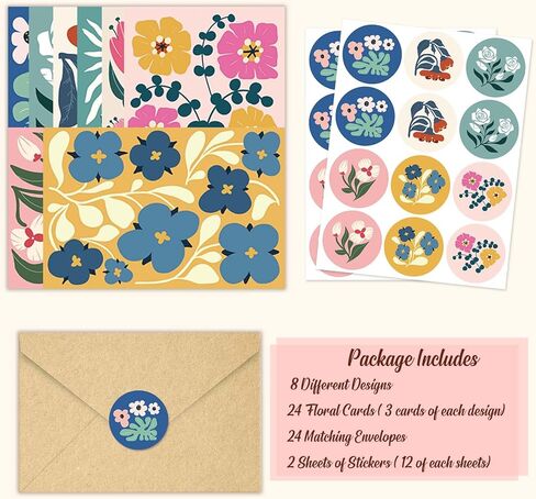 24 Pack Floral Blank Cards with Envelopes, 8 Abstract Flower Designs Greeting Cards for Wedding, Baby Shower, Business and All Occasions, 4x6 in in Saudi Arabia