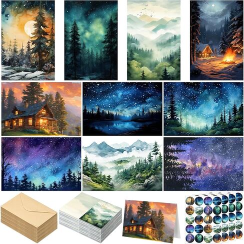 Motiskyy 100 Pcs Whimsical Watercolor Illustration Starry Night Sky Blank Greeting Cards 4x6, Blank Cards, 10 Designs Stationary Set for All Occasions with Matching Rustic Envelopes and Stickers in Kuwait