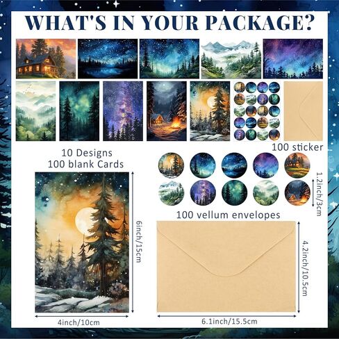 Motiskyy 100 Pcs Whimsical Watercolor Illustration Starry Night Sky Blank Greeting Cards 4x6, Blank Cards, 10 Designs Stationary Set for All Occasions with Matching Rustic Envelopes and Stickers in Kuwait
