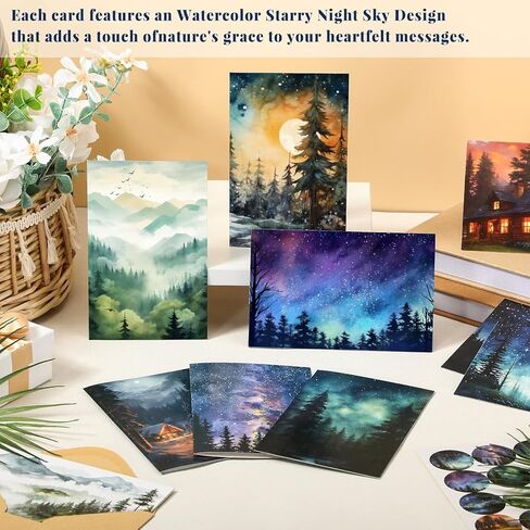 Motiskyy 100 Pcs Whimsical Watercolor Illustration Starry Night Sky Blank Greeting Cards 4x6, Blank Cards, 10 Designs Stationary Set for All Occasions with Matching Rustic Envelopes and Stickers in Kuwait
