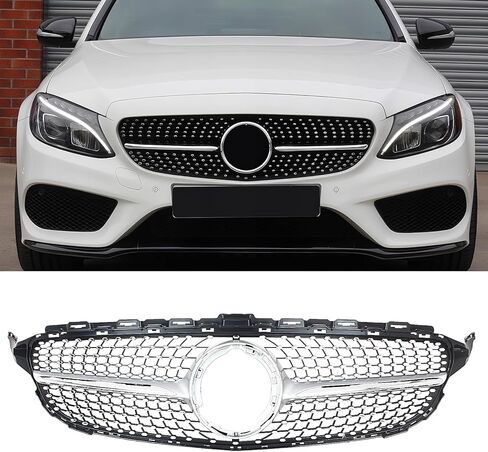 شبكة شواء أمامية لـ 2015-2018 مرسيدس بنز W205 C-Class C200 C250 C300 C350 C400 فضية الماس المصد الأمامي شواية تناسب مباشر استبدال بلاستيك ABS مع شبكة شعار in Kuwait