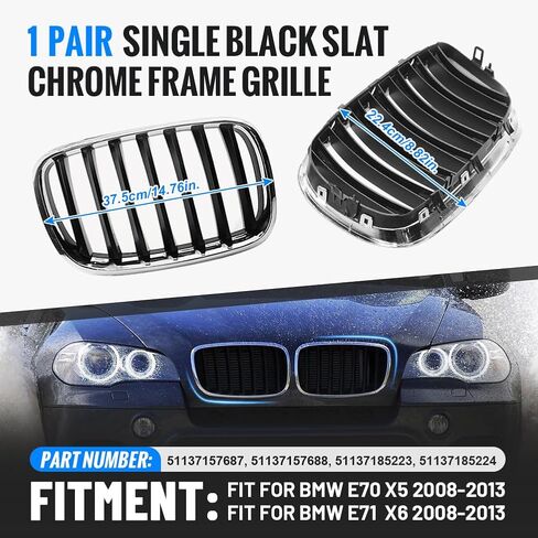 Three T Gloss Black Front Grille Kidney Grills Compatible with for BMW E70 X5 & E71 X6 2008-2013 | Premium ABS Material | Double-Slat Design | Set of 2 in Saudi Arabia