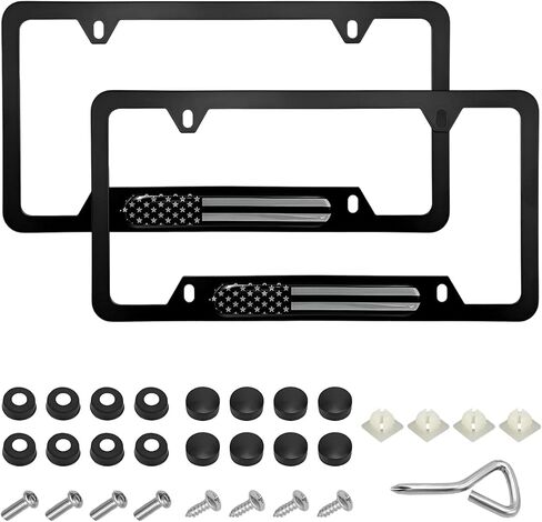 2PCS Car License Plate Frame, 4 Holes American Flag License Plate Holder with Screws Set, Patriotic Front Rear Tag Frame Cover Auto Exterior Accessories for Women Men (White & Colorful) in Saudi Arabia