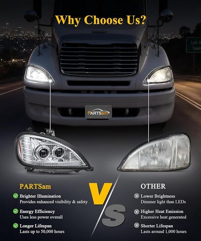 مجموعة المصابيح الأمامية LED من Partsam متوافقة مع Freightliner Columbia 1996-2017، معتمدة من DOT مع Chrome DRL لبدء الرسوم المتحركة المتسلسلة لإشارة الانعطاف العالية/المنخفضة، مصابيح علامة الشعاع العالية/المنخفضة، 6500K IP67 in Kuwait