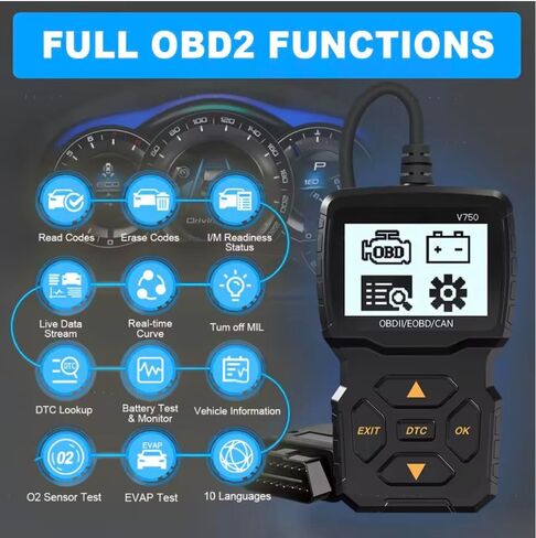 أداة تشخيص الماسح الضوئي التلقائي V750 OBDII للسيارات 12 فولت، فحص قارئ رمز خطأ ضوء المحرك، ماسح ضوئي CAN EOBD لأداة مسح المركبات لعام 1996+ in Kuwait
