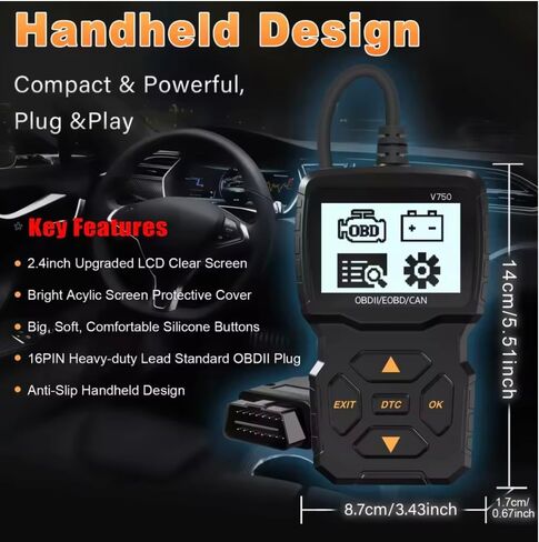 أداة تشخيص الماسح الضوئي التلقائي V750 OBDII للسيارات 12 فولت، فحص قارئ رمز خطأ ضوء المحرك، ماسح ضوئي CAN EOBD لأداة مسح المركبات لعام 1996+ in Kuwait