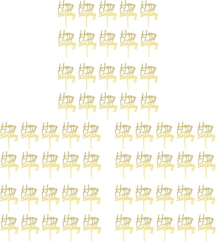 Amosfun 60Pcs Happy Birthday Acrylic Cake Toppers Gold Picks for Cupcake and Cake Decoration Party Supplies in Kuwait