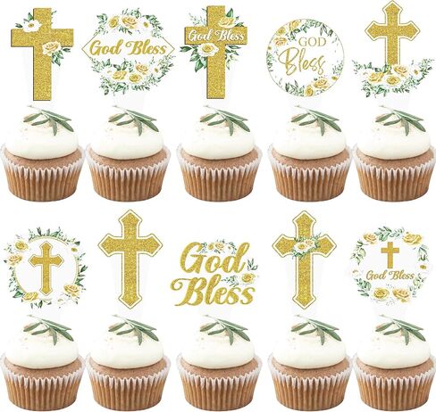 God Bless Cupcake Toppers 48PCS Easter Baptism Cross Wreath Cupcake Picks Christening Confirmation Religious Cake Decorations for Christian Baptism Baby Shower Easter First Communion Party Supplies in Saudi Arabia