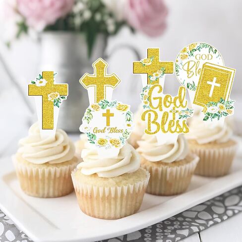 God Bless Cupcake Toppers 48PCS Easter Baptism Cross Wreath Cupcake Picks Christening Confirmation Religious Cake Decorations for Christian Baptism Baby Shower Easter First Communion Party Supplies in Saudi Arabia