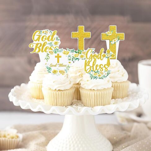 God Bless Cupcake Toppers 48PCS Easter Baptism Cross Wreath Cupcake Picks Christening Confirmation Religious Cake Decorations for Christian Baptism Baby Shower Easter First Communion Party Supplies in Saudi Arabia