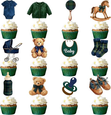 48 PCS Tartan Plaid Themed Bear Cupcake Toppers - Bear Baby Shower Decorations Green Blue Bear Cake Decorations for Boy Birthday Party Gender Reveal in Saudi Arabia