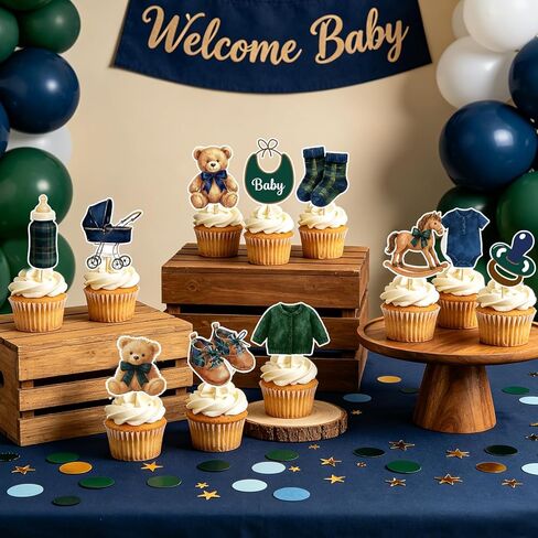 48 PCS Tartan Plaid Themed Bear Cupcake Toppers - Bear Baby Shower Decorations Green Blue Bear Cake Decorations for Boy Birthday Party Gender Reveal in Saudi Arabia