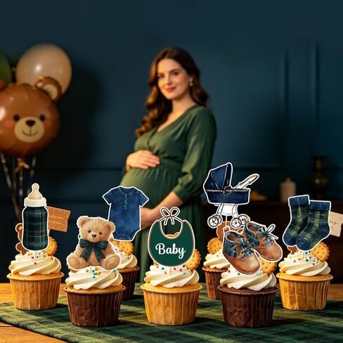 48 PCS Tartan Plaid Themed Bear Cupcake Toppers - Bear Baby Shower Decorations Green Blue Bear Cake Decorations for Boy Birthday Party Gender Reveal in Saudi Arabia
