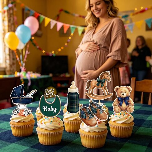 48 PCS Tartan Plaid Themed Bear Cupcake Toppers - Bear Baby Shower Decorations Green Blue Bear Cake Decorations for Boy Birthday Party Gender Reveal in Saudi Arabia