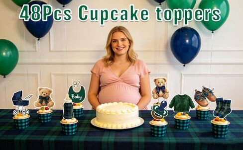 48 PCS Tartan Plaid Themed Bear Cupcake Toppers - Bear Baby Shower Decorations Green Blue Bear Cake Decorations for Boy Birthday Party Gender Reveal in Saudi Arabia