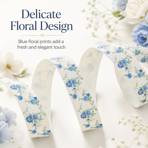 Blue Flower Cotton Ribbon 10 Yards Vintage Ribbon 5/8 Inch Roses Floral Printed Ribbons for Crafts Gift Wrapping Home Decor Flower Bouquet Hair Bows Baby Shower Wedding in Saudi Arabia
