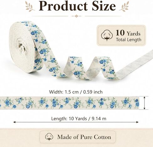 Blue Flower Cotton Ribbon 10 Yards Vintage Ribbon 5/8 Inch Roses Floral Printed Ribbons for Crafts Gift Wrapping Home Decor Flower Bouquet Hair Bows Baby Shower Wedding in Saudi Arabia