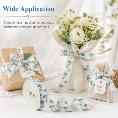 Blue Flower Cotton Ribbon 10 Yards Vintage Ribbon 5/8 Inch Roses Floral Printed Ribbons for Crafts Gift Wrapping Home Decor Flower Bouquet Hair Bows Baby Shower Wedding in Saudi Arabia