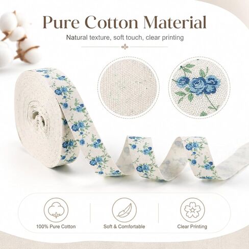 Blue Flower Cotton Ribbon 10 Yards Vintage Ribbon 5/8 Inch Roses Floral Printed Ribbons for Crafts Gift Wrapping Home Decor Flower Bouquet Hair Bows Baby Shower Wedding in Saudi Arabia