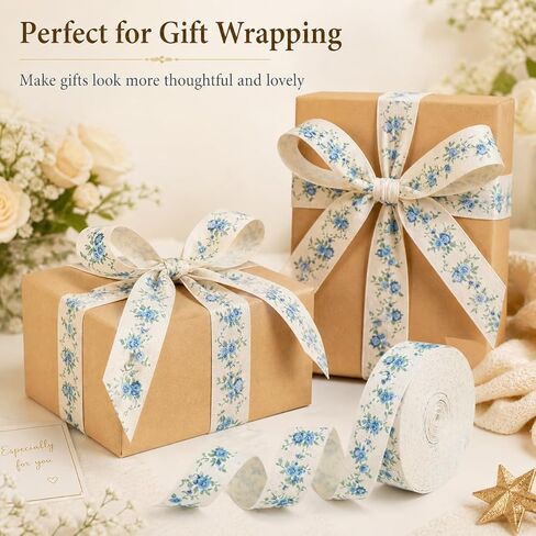 Blue Flower Cotton Ribbon 10 Yards Vintage Ribbon 5/8 Inch Roses Floral Printed Ribbons for Crafts Gift Wrapping Home Decor Flower Bouquet Hair Bows Baby Shower Wedding in Saudi Arabia