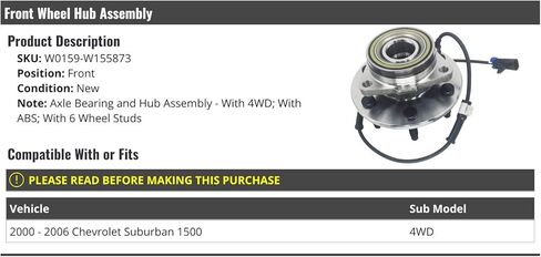 محور العجلة الأمامية ومجموعة المحمل - متوافق مع 2000-2006 Chevy Suburban 1500 6-Lug 4WD مع فرامل ABS in Kuwait