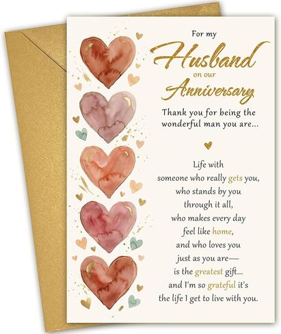 Anniversary Card for Husband from Wife – Sweet Happy Wedding Day Greeting Card for Him with Gold Envelope & Sticker – Romantic Watercolor Heart Love Card – Heartfelt Gifts Cards for Men in Saudi Arabia