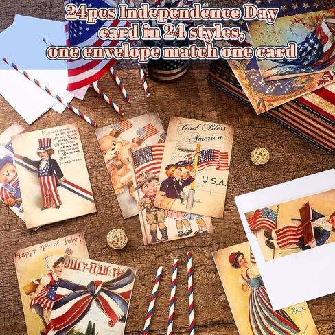 Glenmal 24 Sets Retro 4th of July Postcards Patriotic Cards with Envelopes 4 x 6 Inches 250th Anniversary Independence Day Greeting Cards for Party Favors Adult Gift in Kuwait