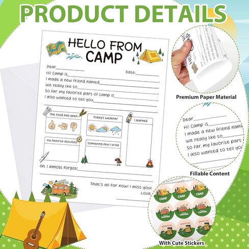 12Set Sleepaway Camp Flat Cards Camp Stationary for Girls Boys Summer Camping Note Cards 5x7In with Envelopes Stickers Stationery Fill in The Blank Postcards for Kids Campers Travel Papers Card Letter in Saudi Arabia