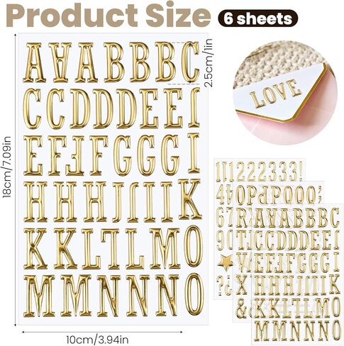 6 Sheets 3D Gold Letter and Number Stickers, Gold Puffy Letter and Number Stickers, 3D Golden Alphabet Sticker, Waterproof Golden Foam Sticker for Poster, Scrapbooking and Grad Cap Decoration (1 Inch) in Kuwait