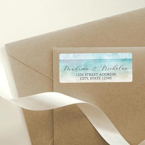 Personalized Beach Return Address Labels with Blue Ocean and Gold Tan Sand - Choose Font and Font Color or Add Custom Text - Perfect for Beach Themed Wedding Invitation Envelopes in Saudi Arabia