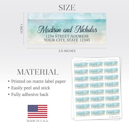 Personalized Beach Return Address Labels with Blue Ocean and Gold Tan Sand - Choose Font and Font Color or Add Custom Text - Perfect for Beach Themed Wedding Invitation Envelopes in Saudi Arabia