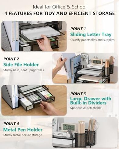 WALI Bundles- Computer Monitor Stand for Desk and Desk File Organizer, 4 Tier Desktop Paper Letter Tray Organizer with Drawer and 2 Pen Holders (STT003+DO005DH-B) in Kuwait