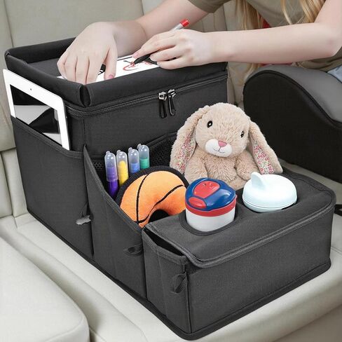 Car Seat Organizer, Backseat Car Organizer with Cup Holder Tray and Storages for Kids and Adults, Portable Travel Cooler for Car for Front or Back Seat Passenger Organizer Ccompartment (Black) in Saudi Arabia
