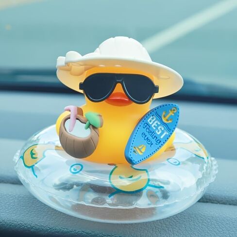 1 Pc Tropical Beach Duck Car Dashboard Ornament Cute Yellow Duck with Sunglasses in Coconut Float Ring Non Slip Base Adhesive Pad Car Truck SUV Interior Decor Summer Gift for Drivers Men Women in Kuwait