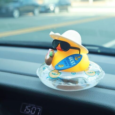 1 Pc Tropical Beach Duck Car Dashboard Ornament Cute Yellow Duck with Sunglasses in Coconut Float Ring Non Slip Base Adhesive Pad Car Truck SUV Interior Decor Summer Gift for Drivers Men Women in Kuwait
