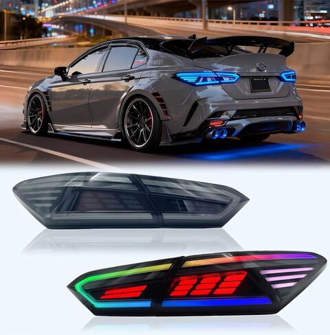 Multicolor LED Tail Light Fit for Toyota Camry 2018-2023 8th Gen, 1 Pair Smoked Rear Lamp Assembly with Startup Animation | Direct Upgrade in Saudi Arabia