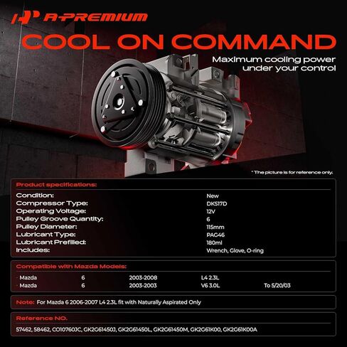 A-Premium Air Conditioner AC Compressor with Clutch Compatible with Mazda 6 2.3L 3.0L 2003-2008 in Kuwait