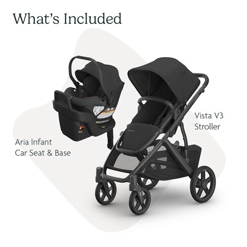 UPPAbaby Travel System - Vista V3 Stroller + Aria Lightweight Car Seat Combo - Toddler Seat, Rain Shield, Bug Shield, Car Seat, Base with Load Leg + Infant Insert Included – Greyson (Charcoal Mélange) in Kuwait