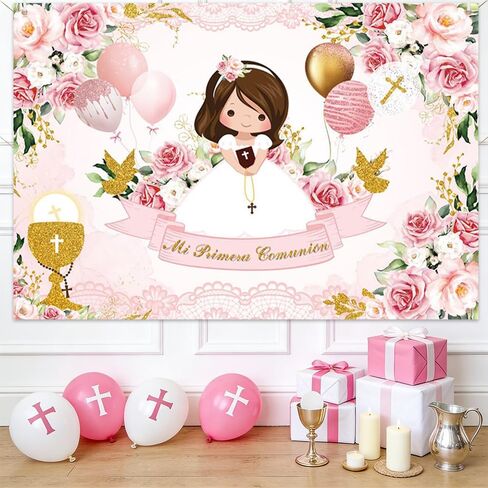 7x5ft Baptism Backdrop for Girl Mi Primera Comunion Christening Photography Background God Bless First Holy Communion Mi Bautizo Chalice Balloon Pink Floral Party Decorations Banner Photo Props in Saudi Arabia