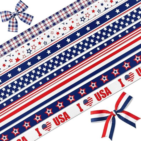 Patriotic Ribbon, 8 Pack 24 Yards 4th of July Grosgrain Ribbons 3/8 Inch Red White and Blue Stars Stripes for Gift Wrapping DIY Crafts American Flag Decoration in Saudi Arabia