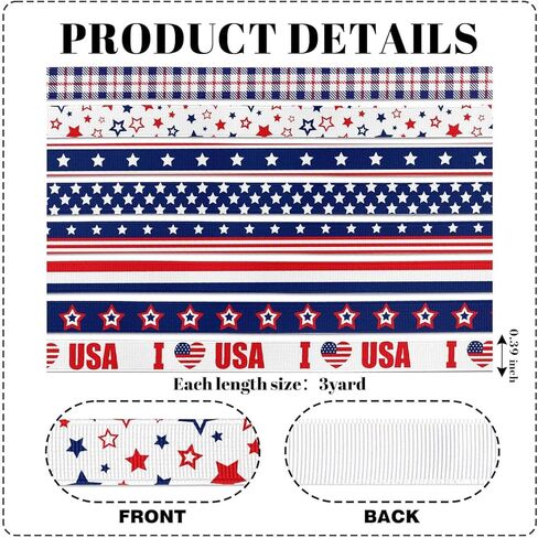 Patriotic Ribbon, 8 Pack 24 Yards 4th of July Grosgrain Ribbons 3/8 Inch Red White and Blue Stars Stripes for Gift Wrapping DIY Crafts American Flag Decoration in Saudi Arabia