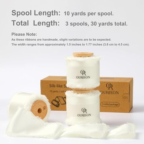 Silk Satin Ribbon 1-1/2 Inch x 30 Yards Ivory- Handmade Frayed Ribbons for Gift Wrapping Wedding Party Invitations Bridal Bouquets Baby Showers Holiday Decor in Saudi Arabia