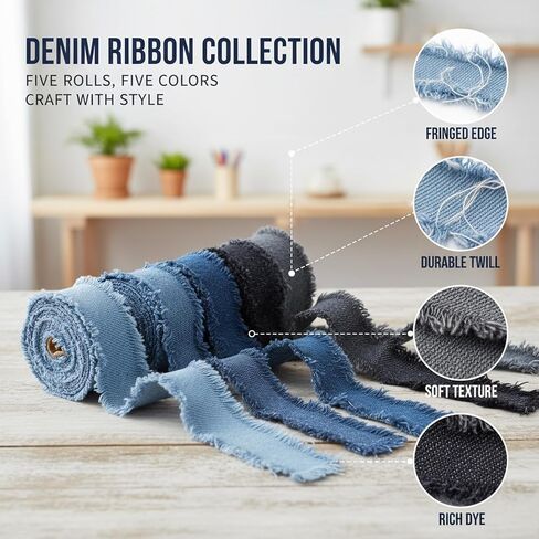 Denim Ribbon, 5 Rolls Assorted Colors, DIY Crafting Supplies for Clothing Accessories and Wedding Decor, Rustic Style Fabric Trim for Home Decor and Gift Wrapping, Durable Cotton Blend Material in Saudi Arabia