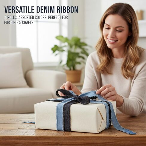 Denim Ribbon, 5 Rolls Assorted Colors, DIY Crafting Supplies for Clothing Accessories and Wedding Decor, Rustic Style Fabric Trim for Home Decor and Gift Wrapping, Durable Cotton Blend Material in Saudi Arabia