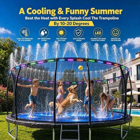 Trampoline Sprinkler with Lights – 16 Colors Trampoline Water Sprinkler & LED Light Combo, Must-Have Trampoline Water Accessories & Outdoor Trampoline Accessories for 8-12FT in Kuwait