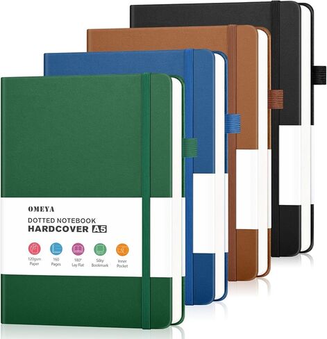 OMEYA Bullet Dotted Journal Notebook 4 Pack: 160 Pages Per Pack, A5 Medium Size(5.75" × 8.38"), 120 GSM Thick Paper, Leather Dotted Notebook, Hardcover Dot Grid Notebook, Dot Journal for Wrting, Gift in Saudi Arabia